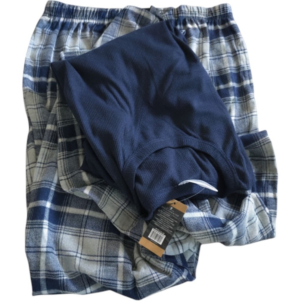 Mens Navy Blue Waffle Knit Thermal Top and Plaid Flannel Pajama Pants Set L